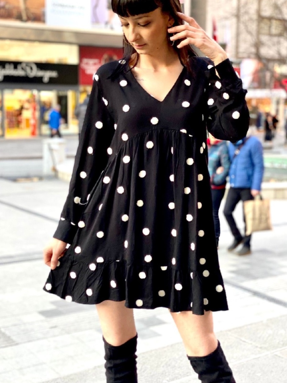 Zara Black White Polka Dot Mini Dress Long Sleeve V Neck Flowy Babydoll Medium